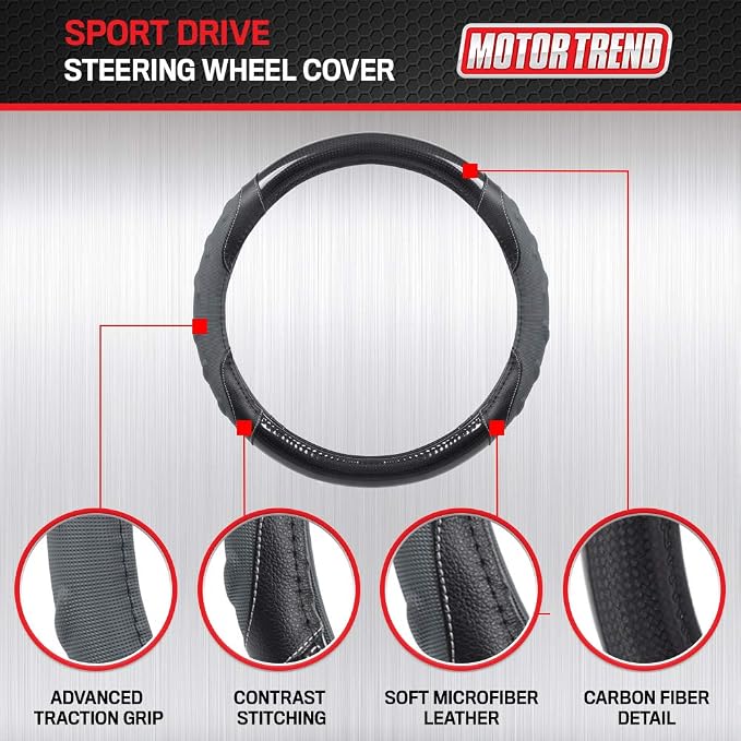 Motor Trend GripPlus Black Carbon Fiber Steering Wheel Cover, Standard 15 inch Size, Advanced Traction Grip, Car Steering Wheel Cover for Truck Van SUV Auto
