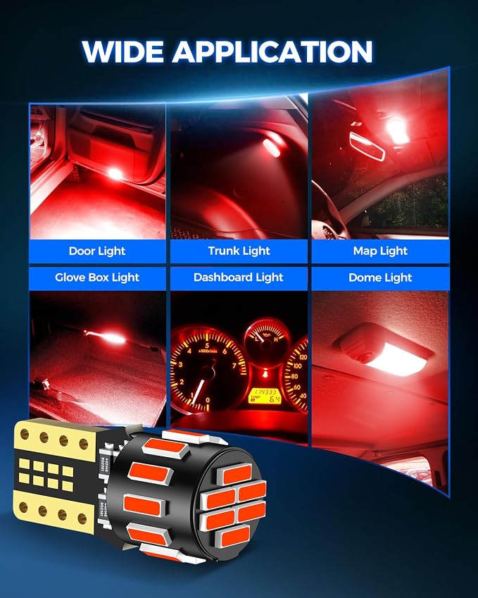Marsauto 194 LED Bulb Red for Dome Map Light, 168 2825 W5W T10 Wedge Replacement Super Bright LED Light Bulbs for Car Courtesy Step Dash Side Marker Trunk RV Interior Lighting