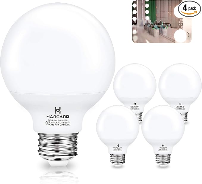 G25 LED Bathroom Light Bulbs, 5W (40W Equivalent), E26 Base 4000K Natural Daylight Vanity Mirror Light Globe Bulbs Uniform Lighting, High CRI Makeup Mirror Light Bulbs Not-Dimmable, 4 Pack