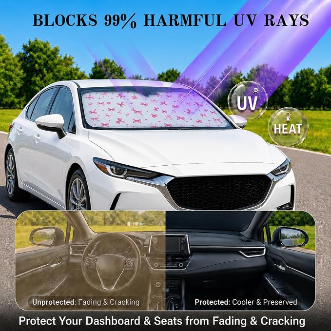 Car Windshield Sun Shade, Universal Fit Compact Sedan SUV, Cute Heart Bow | 59 x 27.5" Car Sun Visor , Foldable Front Window Sunshade, UV Heat Protection, Girly Bow Series