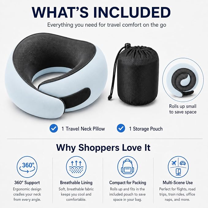 Travel Neck Pillow for Airplanes, Pure Memory Foam Neck Pillow with Washable Cover and Storage Bag, Ergonomic 360° Support for Sleeping, Car, Office, Home, Black