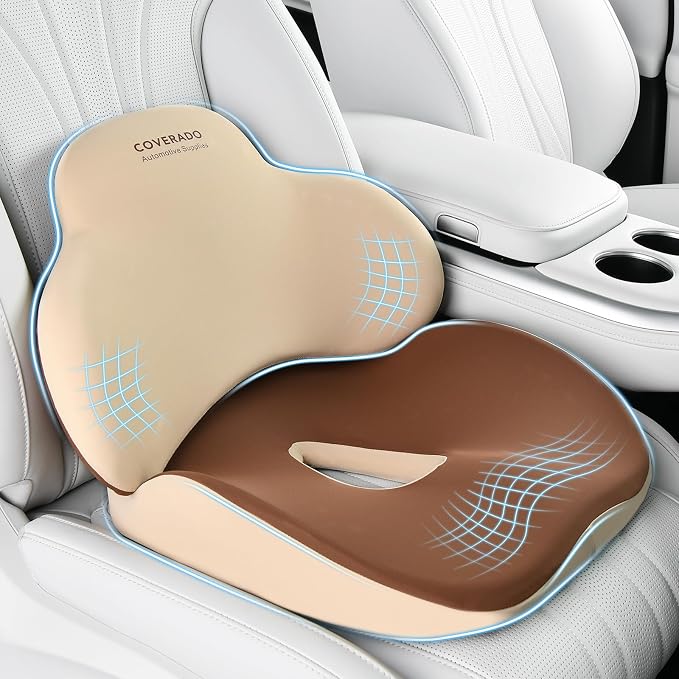 Coverado Seat Cushion and Lumbar Support Pillow for Car Office Chair, Ergonomic Memory Foam Desk Chair Cushion Back Support Pillow, Sciatica & Back & Tailbone Pain Relief Cushion-Beige