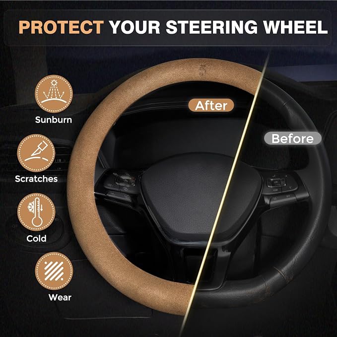 FLORICH Car Steering Wheel Cover Winter, Microfiber Suede Steering Wheel Covers with Anti-Slip Lining, Breathable Elastic Car Steering Wheel Protector Soft, Universal Standard Size 14-15 inch