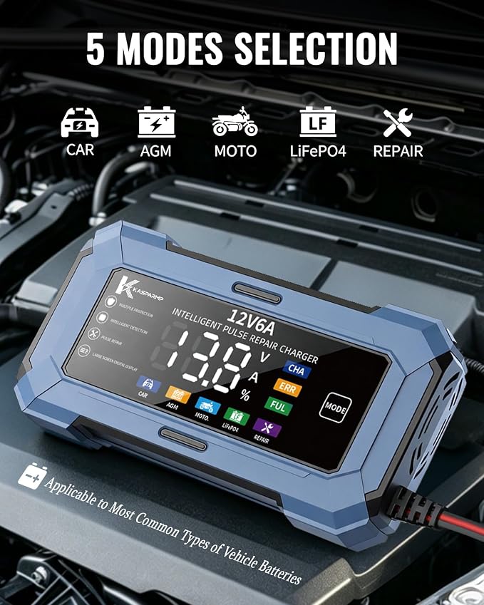 Car Battery Charger Battery maintainer for Automatic trickle Charger with Pulse Repair & Digital Display trickle Charger for car Battery 12v 6A Compatible with CAR AGM Moto LiFePO4 Batteries