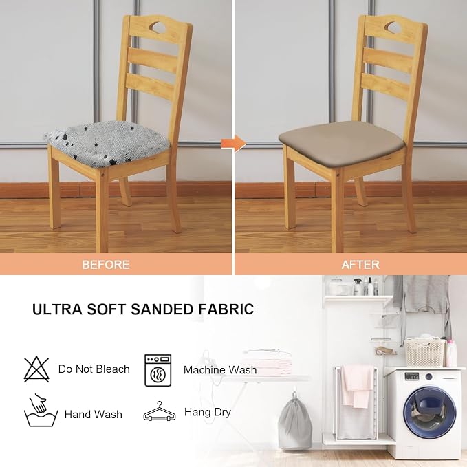Leather Stretch Chair Seat Covers with Elastic Ties,Waterproof Dining Room PU Leather Chair Cover Seats,Removable Washable Chair Protector Seat Cushion Slipcovers for Home,Kitchen (khaki, 2 PCS)