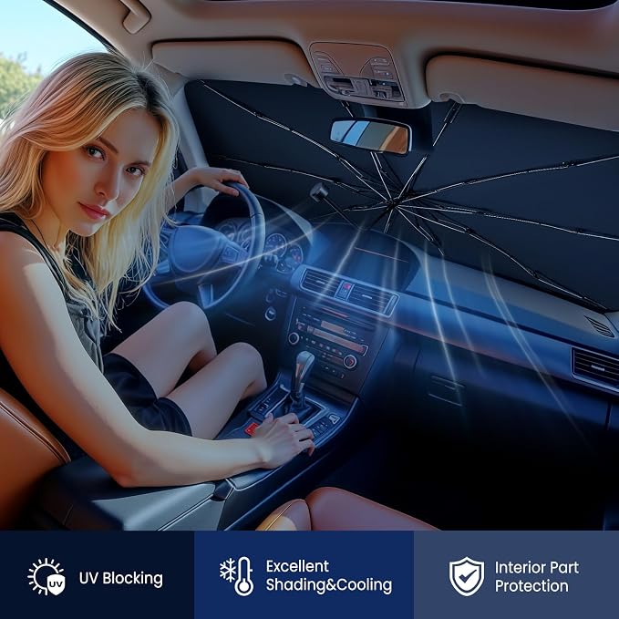 Pleneal Windshield Sun Shade Umbrella, 55" x 31" Foldable Car Sun Shade | 55" x 31", Titanium Silver Reflective Material, Bendable Shaft, High Tenacity Ribs, One-piece Opening Design, Storage Bag