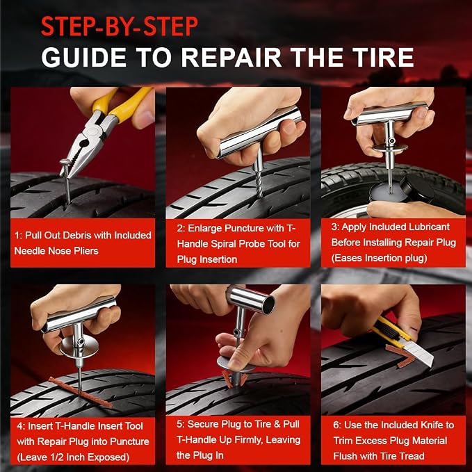 77Pcs Tire Plug Kit, Heavy Duty Tire Repair with Rubber Nails, Screw Plugs, T-Handle, Professional Fix a Flat Puncture Patch Tools Kit for Car, Motorcycle, Truck, UTV, ATV & Lawn Mower Tubeless