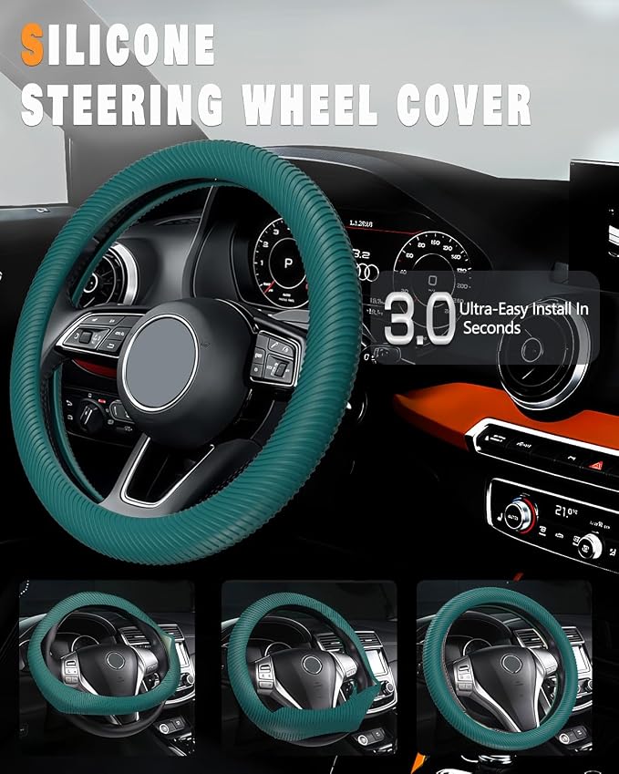 WOCOCN Car Steering Wheel Cover, Thin Anti-Skid Silicone Steering Wheel Cover for Men & Women, Universal Automotive Interior Accessories for Most Cars (Dark Green)