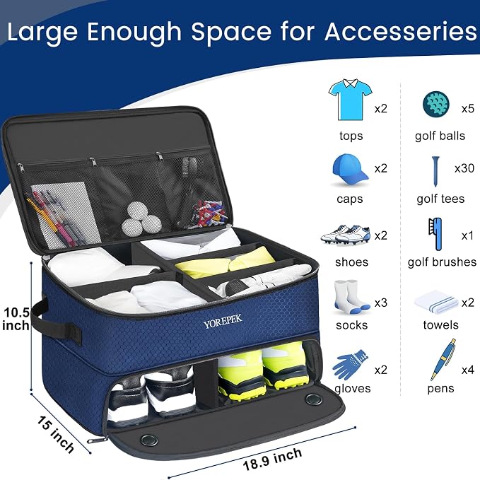 YOREPEK Golf Gifts for Men, 2 Layer Golf Trunk Organizer for 2 Pair Shoes | Waterproof Car Trunk Locker with Separate Ventilated Compartment for Balls, Tees, Clothes, Gloves, Birthday Gifts for Golfers