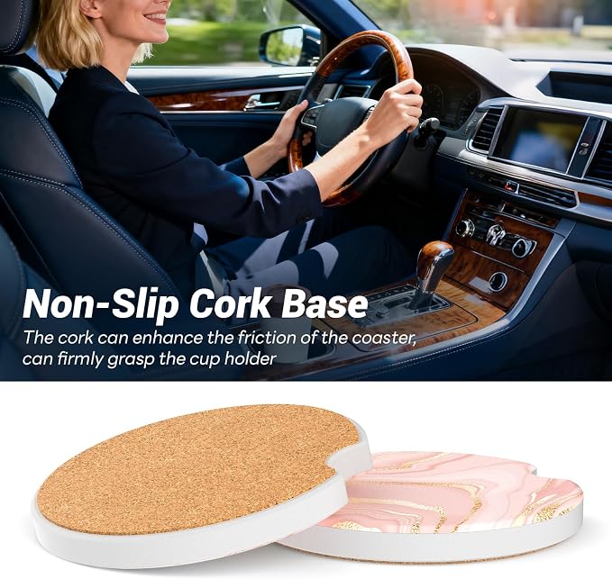 Car Cup Holder Ceramic Coasters 2 Pack, 2.56 in Anti Slip Absorbent Coaster with Cork Base and Finger Notch, Funny Cute Car Accessories Interior for Women, Light Pink Stone