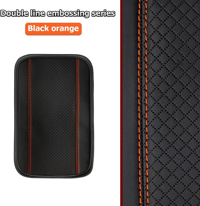 Moly Magnolia Auto Center Console Pad, PU Leather Car Armrest Seat Box Cover, Waterproof Non Slip Soft Armrest Box Cushion Protector, Car Accessories Universal for SUV, Truck, Van (Black/Orange)
