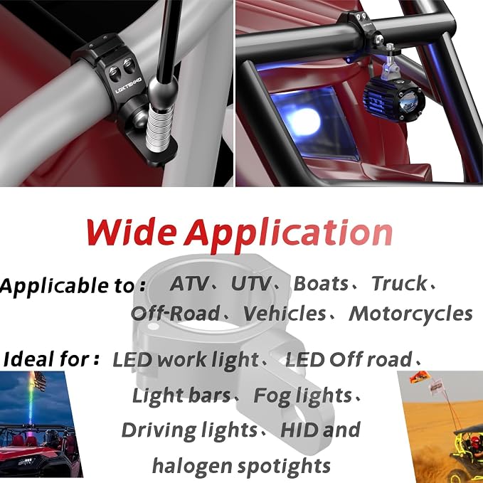 LOKTENWO Thicken Light Bar Mounts Fit 1.5''/1.75''/1.85''/2'' Roll Cage | 2PCS Heavy Duty CNC Aluminum UTV Whip Light Mount 360° Adjustable Light bar Mounting Bracket