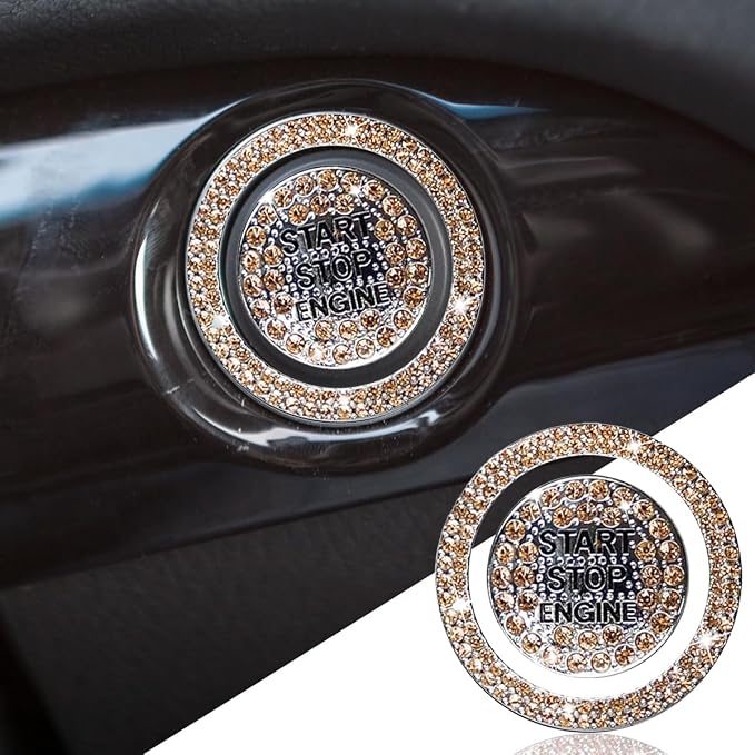 Bling Crystal Car Engine Start Ring Sticker, Sparkling Rhinestone Push Start Button Decorative Cover, Anti-Scratch Key Ignition & Knob Bling Ring Car Interior Accessories for Women (Orange)