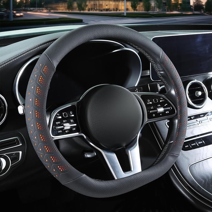3D Soft 15 inch Leather D Shape Steering Wheel Cover Black Orange | Breathable Anti-Slip Premium Skin-Feel Perforated Thin Nappa Leather, Universal 14.5 inch to 15 inch