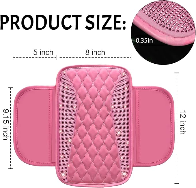 NBTEPEM Bling Pink Car Center Console Cover, Leather Middle Console Cover with 2 Storage Bags, Universal Arm Rest Cover Protector, Bling Car Accessories Interior Fit for Most Vehicles, Pink Leather