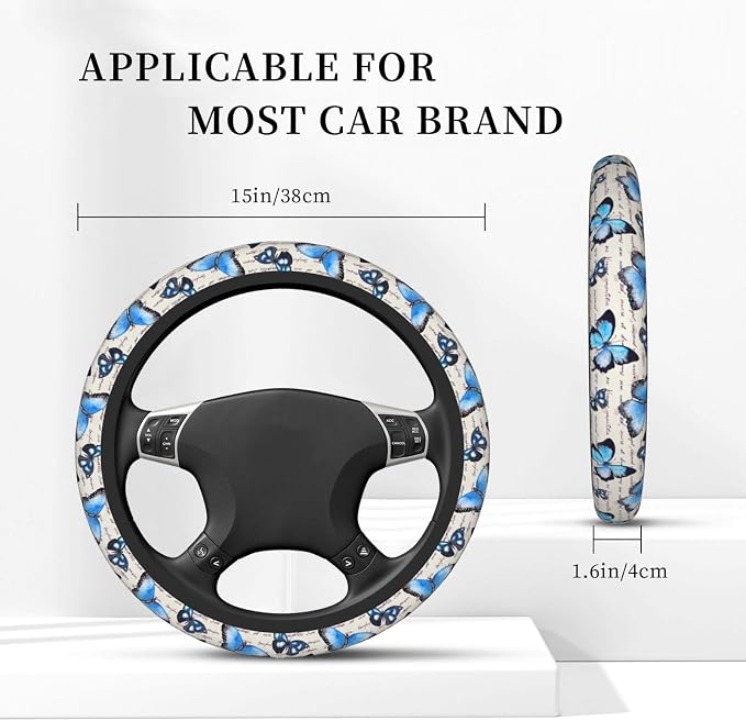 Vintage Butterfly Blue Steering Wheel Cover for Women Men Girls Car Accessories Decor Anti-Slip Neoprene Auto Steering Wheel Covers Protector Universal 15 Inch