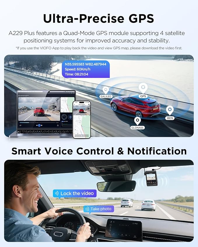 VIOFO A229 Plus Dash Cam Front and Rear, 2K Dual STARVIS 2 Sensors & HDR | 1440P+1440P Car Dash Camera, 5GHz Wi-Fi, Smart Voice Control, Ultra-Precise GPS, Built-in Supercapacitor, 24H Parking Modes