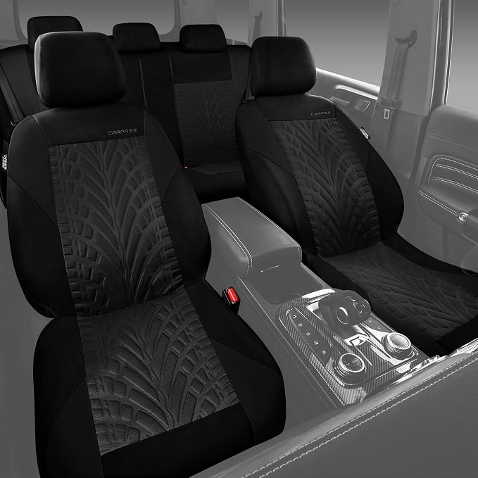 CAR PASS Car Seat Covers Full Sets, Front & Split Rear Bench for Car, 3D Tyre Embossed Automotive Interior Covers, Airbag Compatible, Quick Setup Universal Fit Seat Covers for Car, SUV(All Black)
