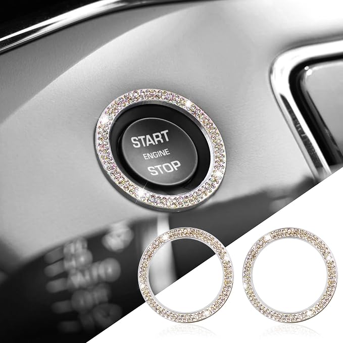 2PCS Car Bling Crystal Rhinestone Engine Start Ring Decals, Push to Start Button Cover, Key Ignition & Knob Bling Ring, Key Ignition Knob Bling Ring, Bling Car Accessories for Women