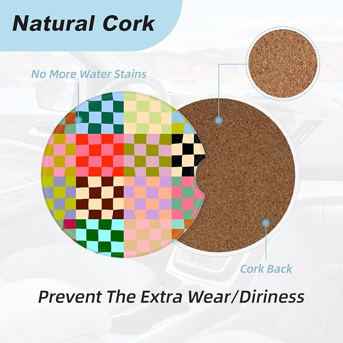 Colorful Checkered Car Coasters for Cup Holders,2 Pack Car Cup Holder Coasters for Car,Ceramic Absorbent Car Coaster with A Finger Notch and Cork Base,Car Interior Accessories for Women Men
