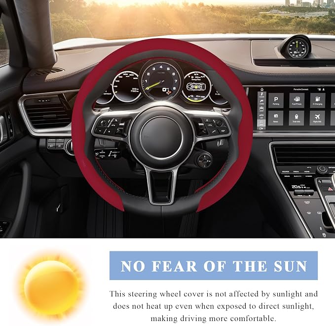 Steering Wheel Cover, 15 Inch Anti-Slip Breathable Steering Wheel Protector Auto Interior Decor, Heat-Resistant Comfort Grip Wheel Cover Universal for Most Cars Trucks SUVs (Wine Red)