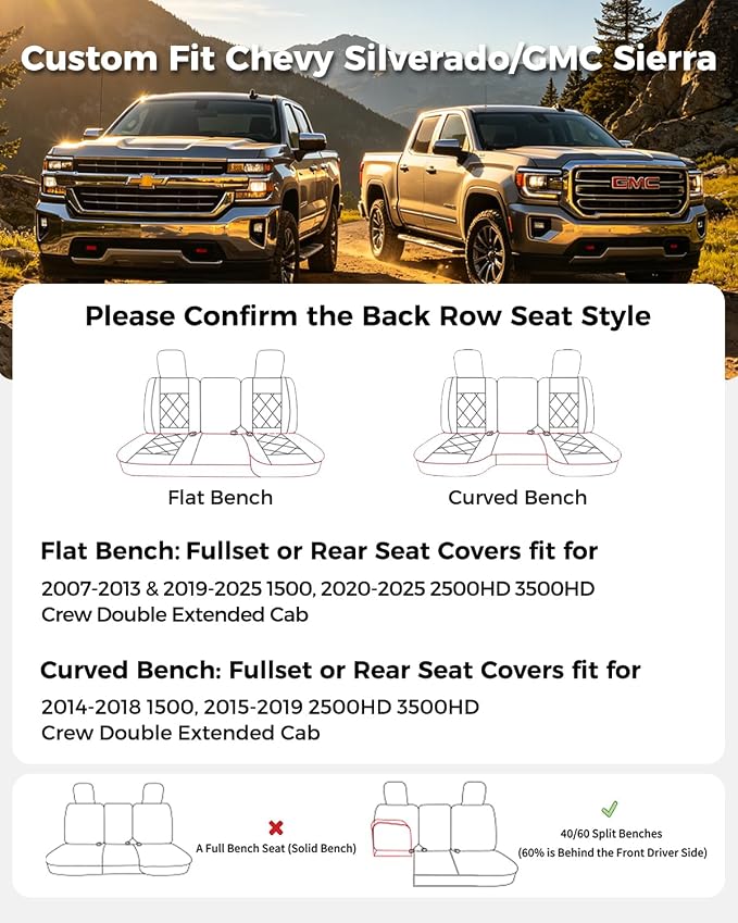 Huidasource Fit for GMC Sierra/Chevy Silverado Rear Seat Cover, Thickened Split Nappa Leather Truck Back Seat Cover 2007-2013&2019-2026 1500, 2020-2026 2500HD 3500HD Crew Cab WT LS LT, Black＆White