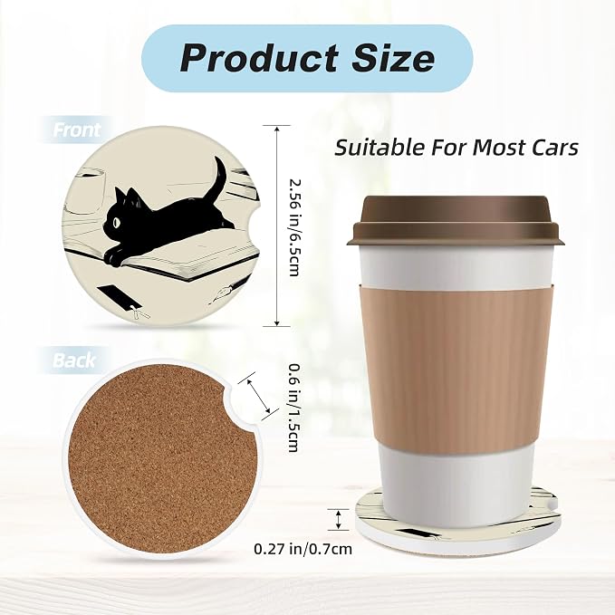 Kawaii Anime Black Cat Car Coasters for Cup Holders,2 Pack Car Cup Holder Coasters for Car,Ceramic Absorbent Car Coaster with A Finger Notch and Cork Base,Car Interior Accessories for Women Men