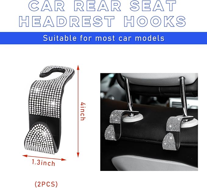 Ohleats 2 PCS Bling Car Seat Headrest Hooks, Crystal Rhinestone Back Seat Hanging Storage Organizer, Vehicle Seat Hanger Holder for Purse Handbag Coat, Interior Car Accessories (White)