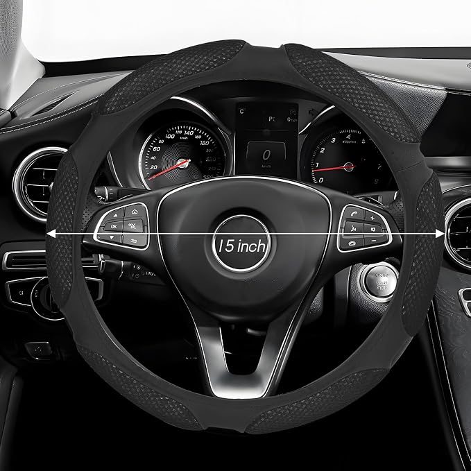Wuyaoyao Car Steering Wheel Cover, 15 Inch PU Leather Anti-Slip Steering Wheel Covers Protector with Soft Hand Pad Cushion, Breathable & Comfortable, Universal Interior Car Accessories (Black)