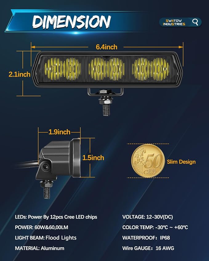 6 Inch LED Light Bar, SWATOW INDUSTRIES 6" CREE LED Pods Driving Flood Offroad Light Ditch Pod Lights Bumper Mounts Waterproof Fog Lights for Truck Pickup Wrangler F150 Toyota Chevy Ram ATV UTV
