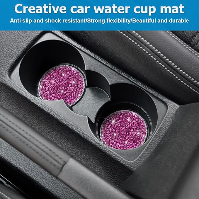 Bling Car Cup Holder Coaster, 2PCS 2.75 Inch Crystal Rhinestone Anti Slip Vehicle Drink Cup Mat for Women Girls, Auto Interior Embedded in Ornaments. Universal for SUV RV Truck (Dark Pink)