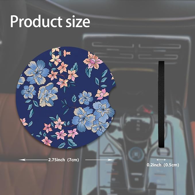 2pcs Cute Blue Flowers Car Coasters,Absorbent Universal neoprener Cup Holder Coasters with a Finger Notch,Car Accessories for Women&Man Interior，2.75" 9