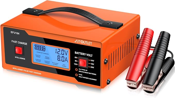 AUTOUTLET 8V Car Battery Charger, 0-14A Fully Automatic 6/8/12/14/16/2 Lead-Acid Battery Charger & Maintainer with 7-Stage Charging, Overcharge Protection, Reverse Polarity LED Indicator, 80cm Cable