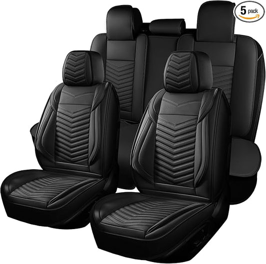 HChengkikz Nappa Leather Car Seat Covers Full Set, Black Car seat Protector 5 Seats, Waterproof Car Seat Cushion, Universal Automotive Seat Covers Fit for SUV Truck Pick-up Sedan, Front and Rear | Easy Maintenance, Airbag Compatible, Universal Fit For ...