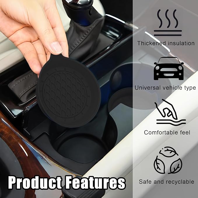 Car Cup Coasters, Silicone Cup Holder Insert (4 Pack) with Soft Bristle Cleaning Brush (2 Pack), Non-Slip Honeycomb Spill Guard Car Interior Accessories, Universal for SUV, Sedan, Truck (Black)