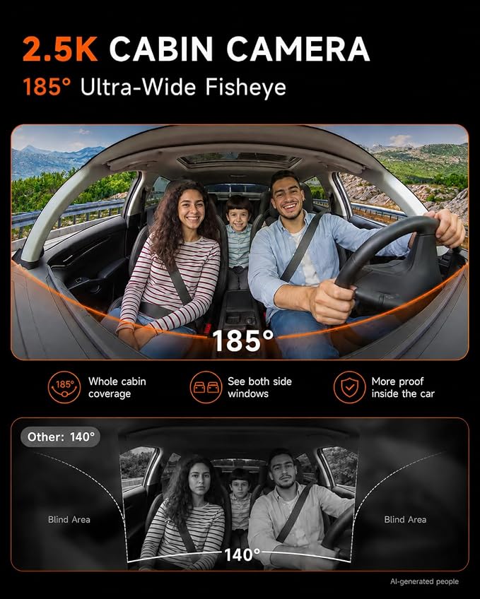 360° Dash Cam Front and Inside 4K+2.5K, 2 Channel Dashcam for Car | 185° Cabin Fisheye Car Camera with Night Vision, WiFi APP, GPS, G-Sensor, Parking Mode and 64GB Card Included
