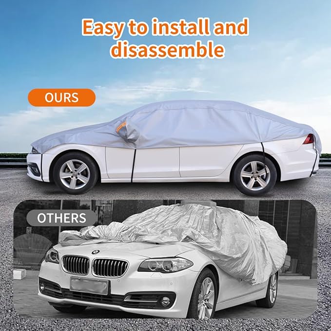 Half Car Cover Top, Windshield & Sunroof Cover for Ice and Snow | Waterproof, Easy Installation, Reflective Strip, Sunroof Leak Protection, Hail Protector, Fits Sedan 186-195 inch