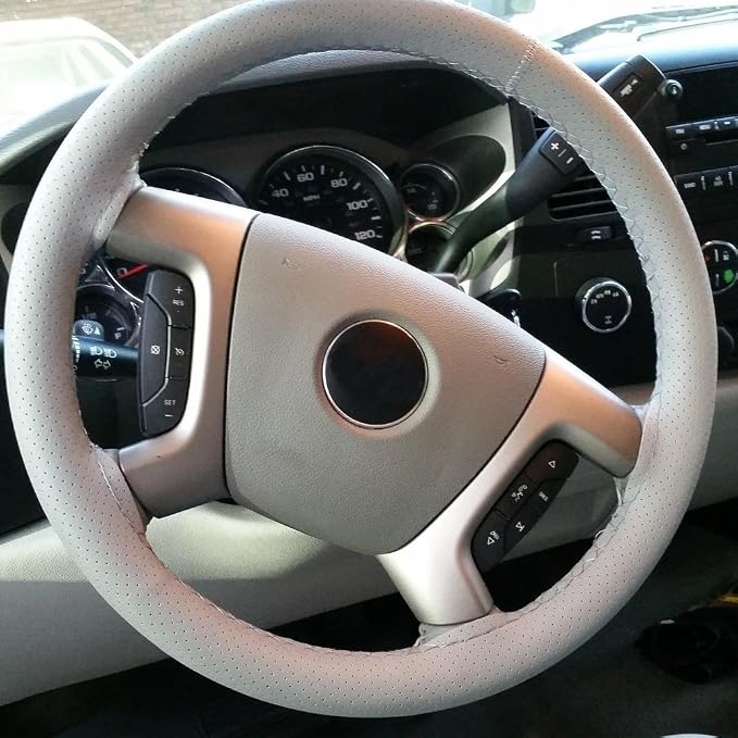 Onerbuy Universal Leather Car Steering Wheel Stitch On Wrap Cover DIY Sewing Breathable and Anti Slip, 15-Inch (Gray)