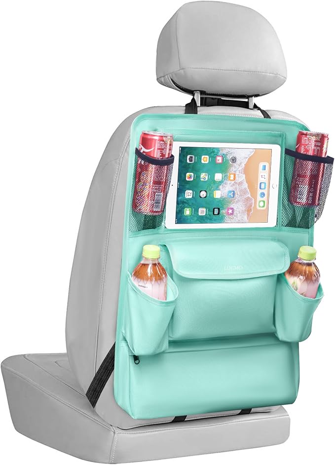 LUCMO Car Backseat Organizer with Touch Screen Tablet Holder, Light Blue | 9 Storage Pockets,Clear Tablet Holder,Protectors Kick Mats,Travel Accessories,Seat Cover,Road Trip Essentials