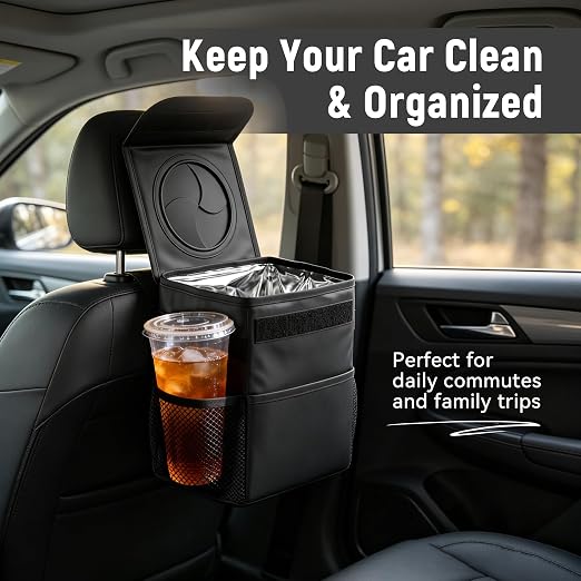 Car Trash Can with Lid - 1.7 Gallon Waterproof Leak-Proof Car Garbage Bin, Oxford Fabric Collapsible Organizer with Storage Pockets, Adjustable Strap for Headrest for SUV Truck Sedan, Black