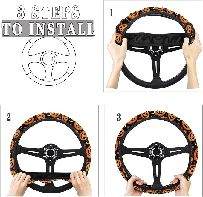 Wanyint Halloween Car Steering Wheel Cover 15 Inch Universal Breathable Soft Anti-Slip Auto Accessories Steering Wheel Protector Fit for Most Vehicles, Pumpkin Moon Star