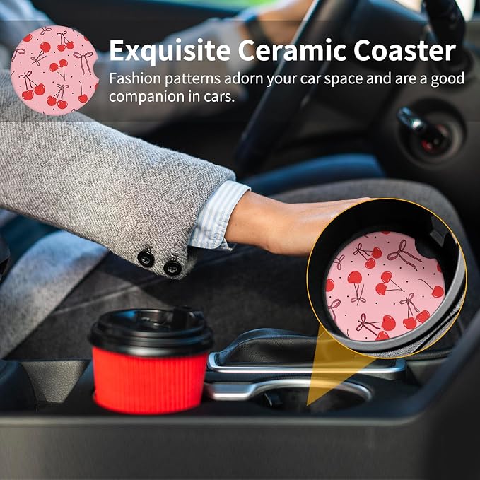 Cute Cherry Car Coasters,Absorbent 2 Pack for Cup Holders with Finger Notch,2.56 inches Ceramics Heat Resistant Anti Slip Cork Base Car Drinks Coasters Auto Cup Holder