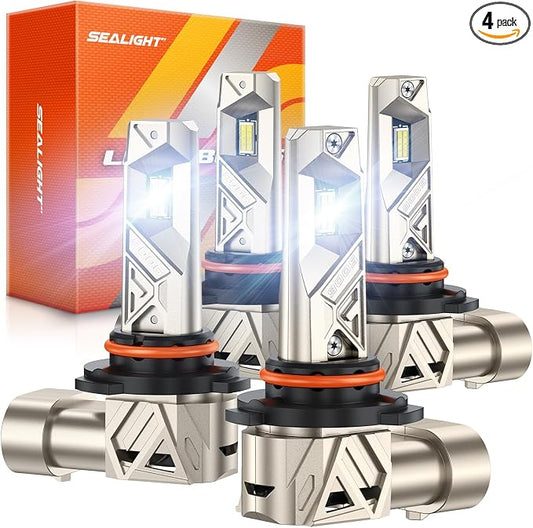 SEALIGHT S6Pro 9005/HB3 9006/HB4 Light Bulbs Combo, 192,000LM Super Brighter, 6500K Pure White 9005 9006 Fog Bulbs, with Cooling Fan 70K+ Hours Lifespan, Automotive Headlight Brackets, 4PCS