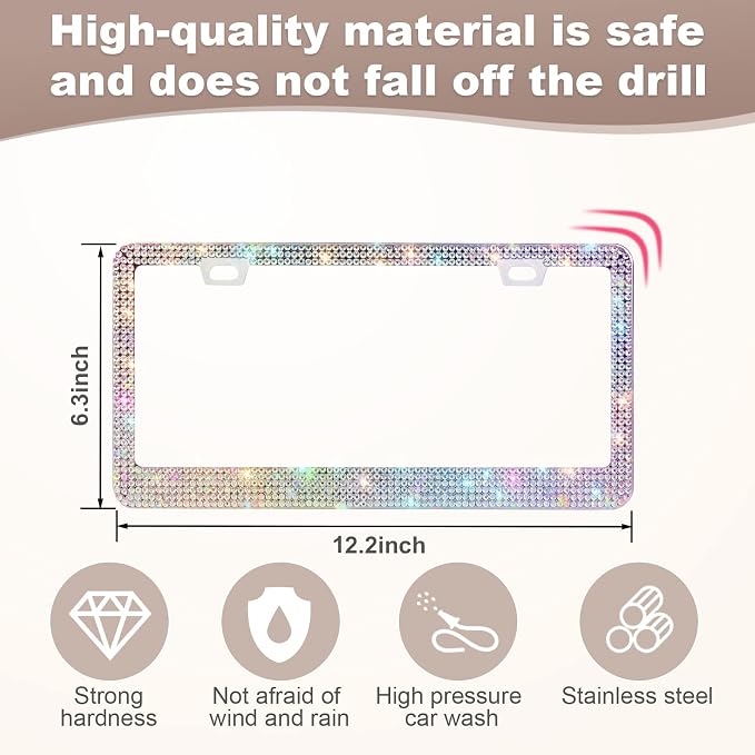 QUANQIUFEI Bling License Plate Frames for Women, Sparkly Rhinestone Diamond Car Accessories with Glitter Crystal Caps (1 Pack Colorful)