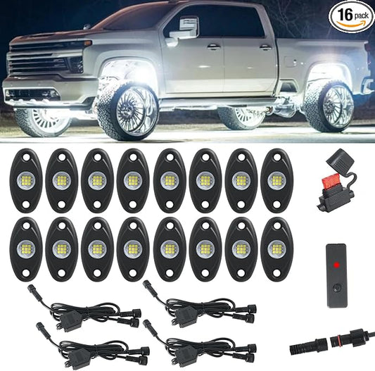 16pods Pure White Led Rock Lights 6000k Aluminum Alloy Super Bright IP68 Waterproof for Utv ATV SUV RZR Rv Trucks Pickup Car Boats Neon Underglow White Rock Lights with Switch Kit