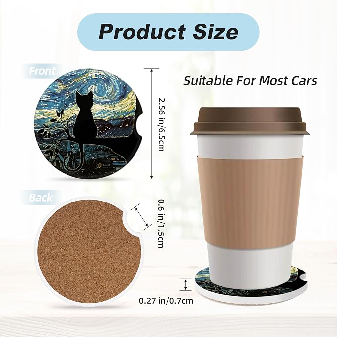Aesthetic Black Cat Car Coasters for Cup Holders,2 Pack Car Cup Holder Coasters for Car,Ceramic Absorbent Car Coaster with A Finger Notch and Cork Base,Car Interior Accessories for Women Men