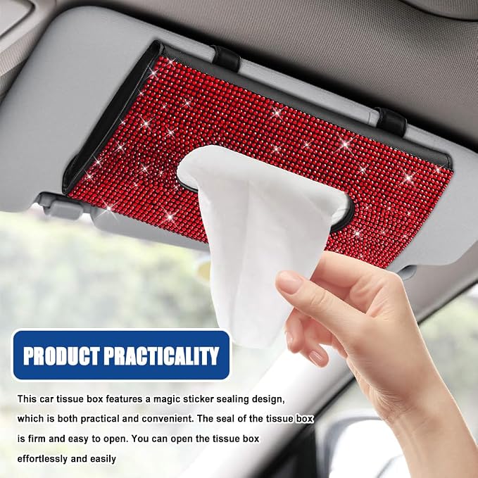 Bling Car Sun Visor Tissue Box Holder, Visor Accessories, Rhinestone PU Leather Crystal Sparkling Napkin Holder, Auto Sun Visor Paper Towel Cover Case Accessories for Most Cars (Red)