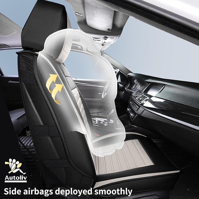 HChengkikz Front Car Seat Cover, Faux Leather, Waterproof (Black + White) | Breathable, Airbag Compatible, Easy Maintenance, Universal Fit for Most Sedans SUVs Pick-ups Trucks