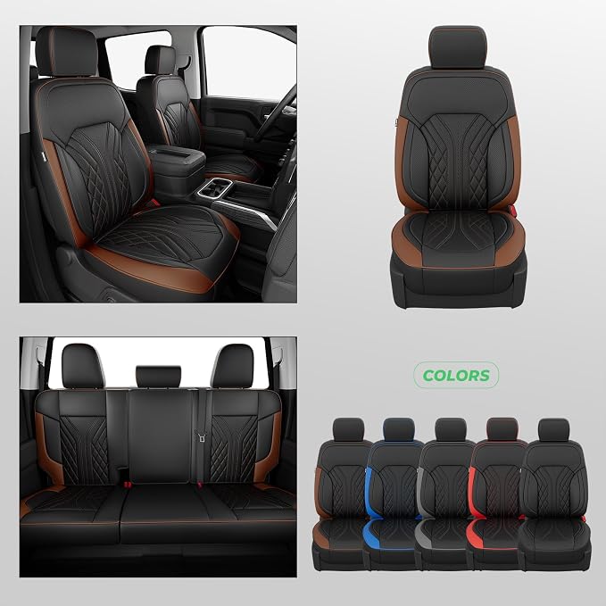 Truck Leather Seat Covers for Chevy Silverado Gmc Sierra 2019-2026 | Crew Cab 1500/2500/3500HD, Bucket Seat, NO Rear Seatback Storage, Scratch-resistant, Easy-clean, Pickup Protector, Full Set