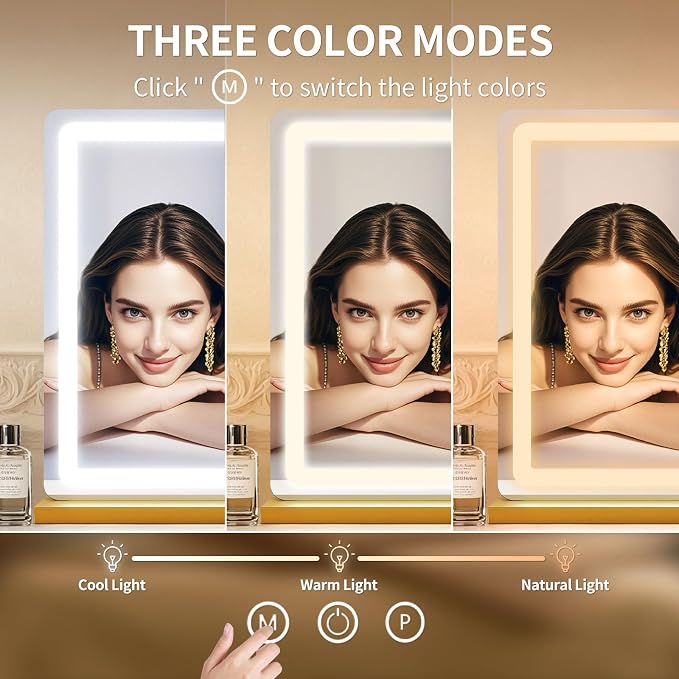 ROLOVE Vanity Mirror with Lights, Lighted Vanity Mirror with Dimmable 3 Modes, LED Makeup Mirror, Touch Screen Control, for Makeup Desk, Dressing Room, Gold, 23x19 Inch